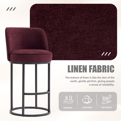 Modern barrel upholstered accent bar stool with backrest, featuring stylish fabric and sturdy wooden legs for home seating.