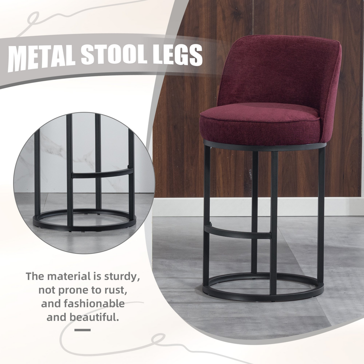 Modern Start2Finish upholstered barrel bar stools with backrests, stylish home seating furniture, featuring plush fabric and wooden bases.