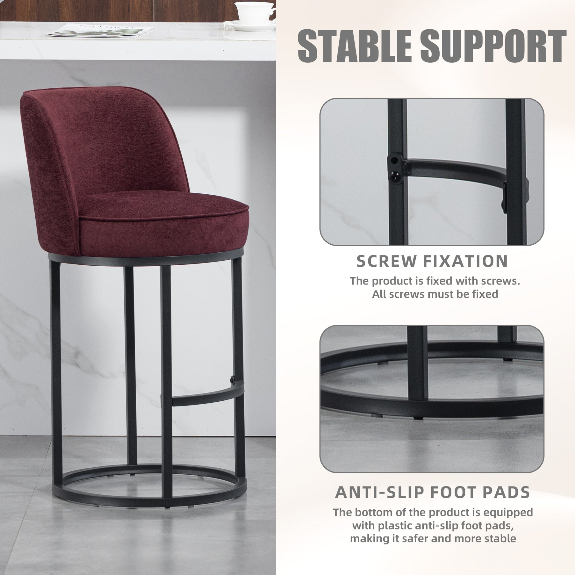 Modern Start2Finish upholstered barrel accent bar stools with backrests, featuring stylish design and comfortable seating for home bars.