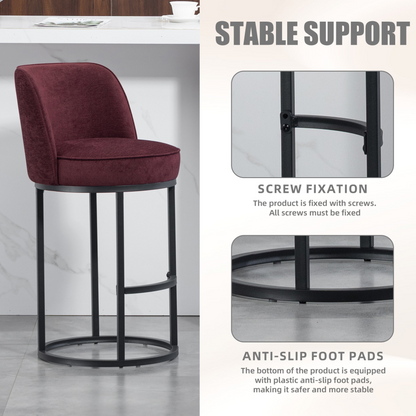 Modern Start2Finish upholstered barrel accent bar stools with backrests, featuring stylish design and comfortable seating for home bars.