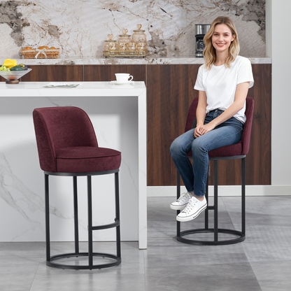 Modern barrel upholstered accent bar stools with backrests, stylish home furniture by Start2Finish, featuring plush seating and sleek design.