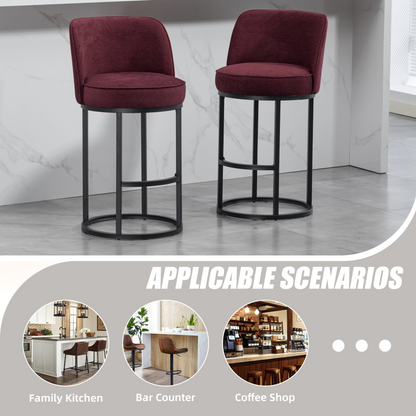 Start2Finish modern barrel upholstered accent bar stool with backrest, stylish home seating furniture, brown fabric upholstery and wooden legs.