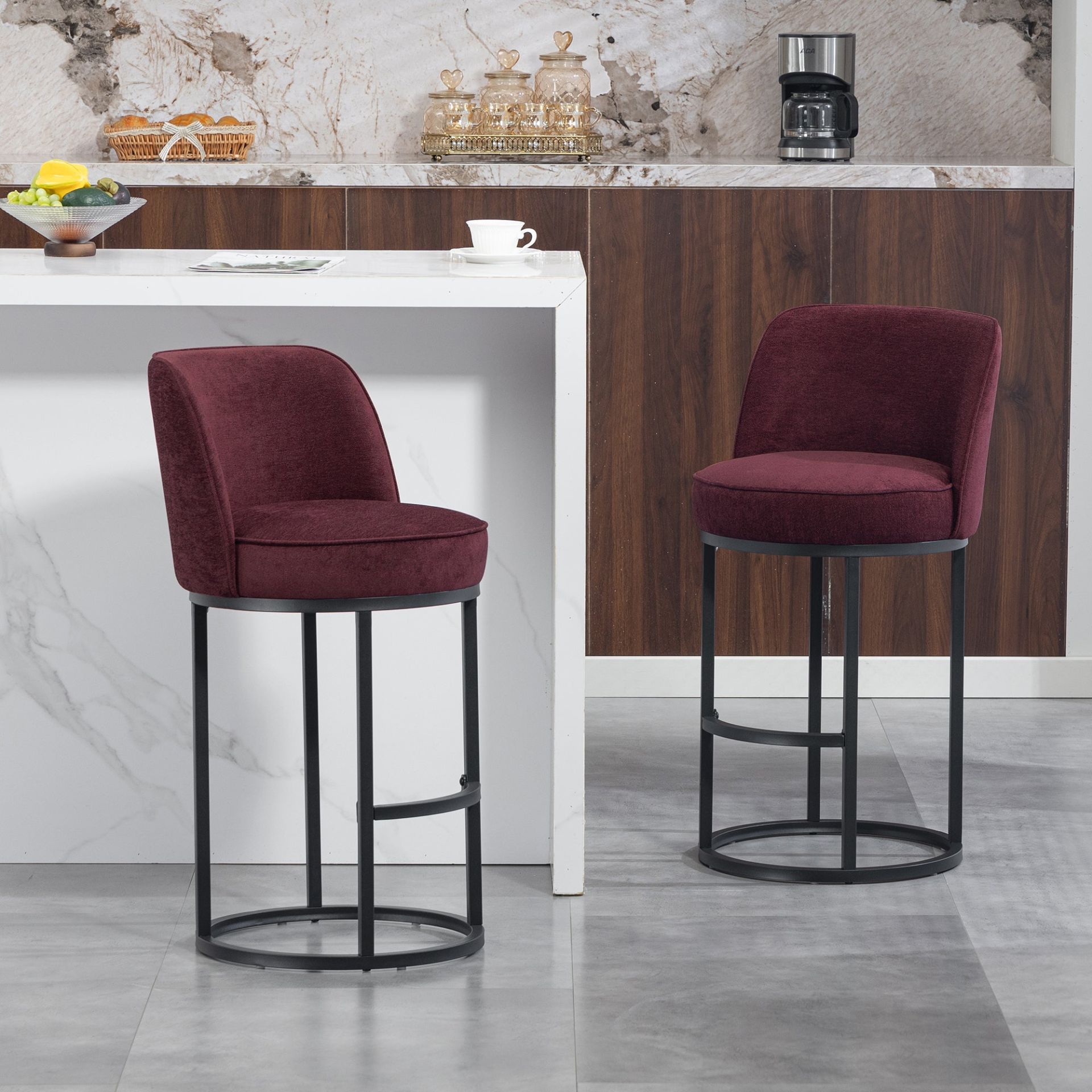 Start2Finish modern barrel upholstered accent bar stools with backrests, showcasing stylish home seating with plush fabric and sturdy legs.