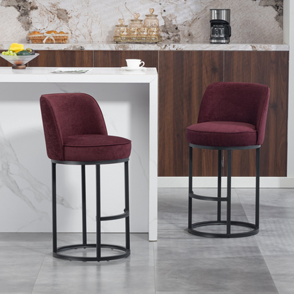 Start2Finish modern barrel upholstered accent bar stools with backrests, showcasing stylish home seating with plush fabric and sturdy legs.