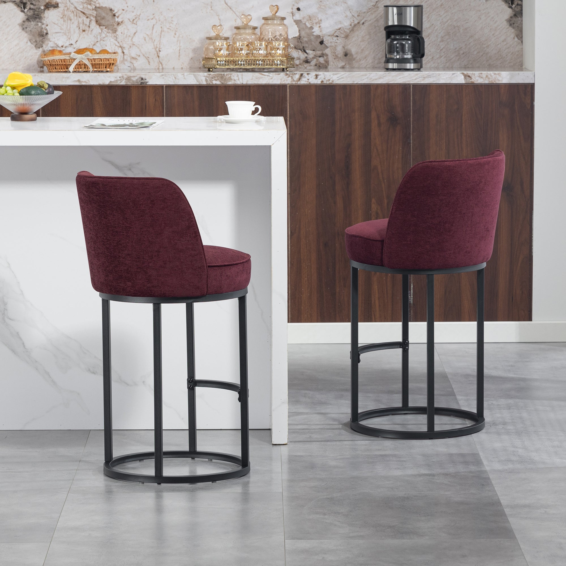 Start2Finish modern barrel upholstered accent bar stools with backrests, stylish home seating furniture in a contemporary design.