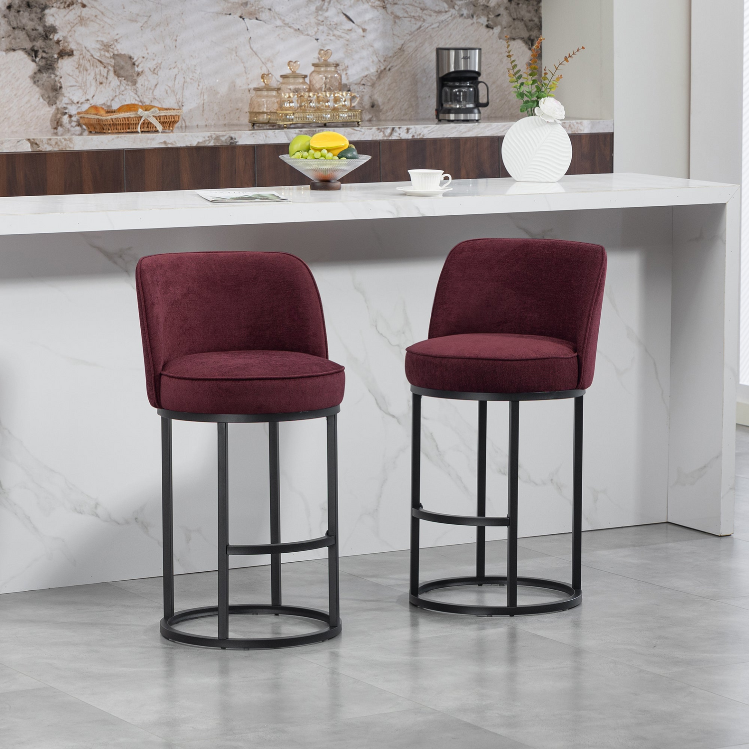 Start2Finish modern barrel upholstered accent bar stool with backrest, stylish furniture for home seating, featuring plush fabric and wooden legs.