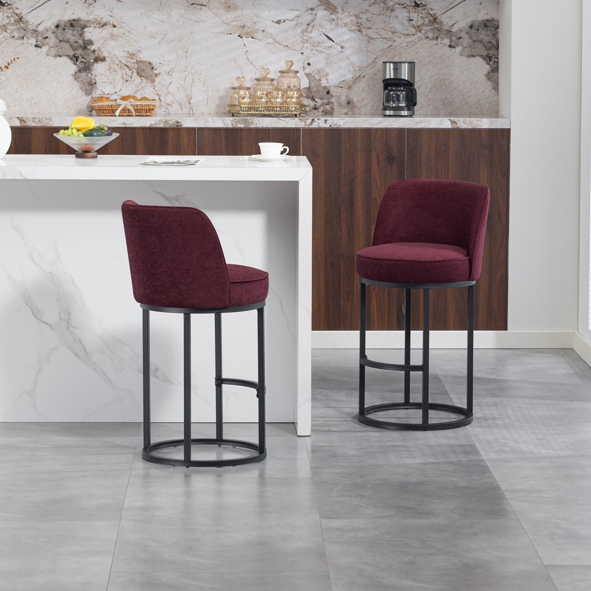 Modern barrel upholstered accent bar stool with backrest, featuring stylish fabric and wooden legs for home seating by Start2Finish.