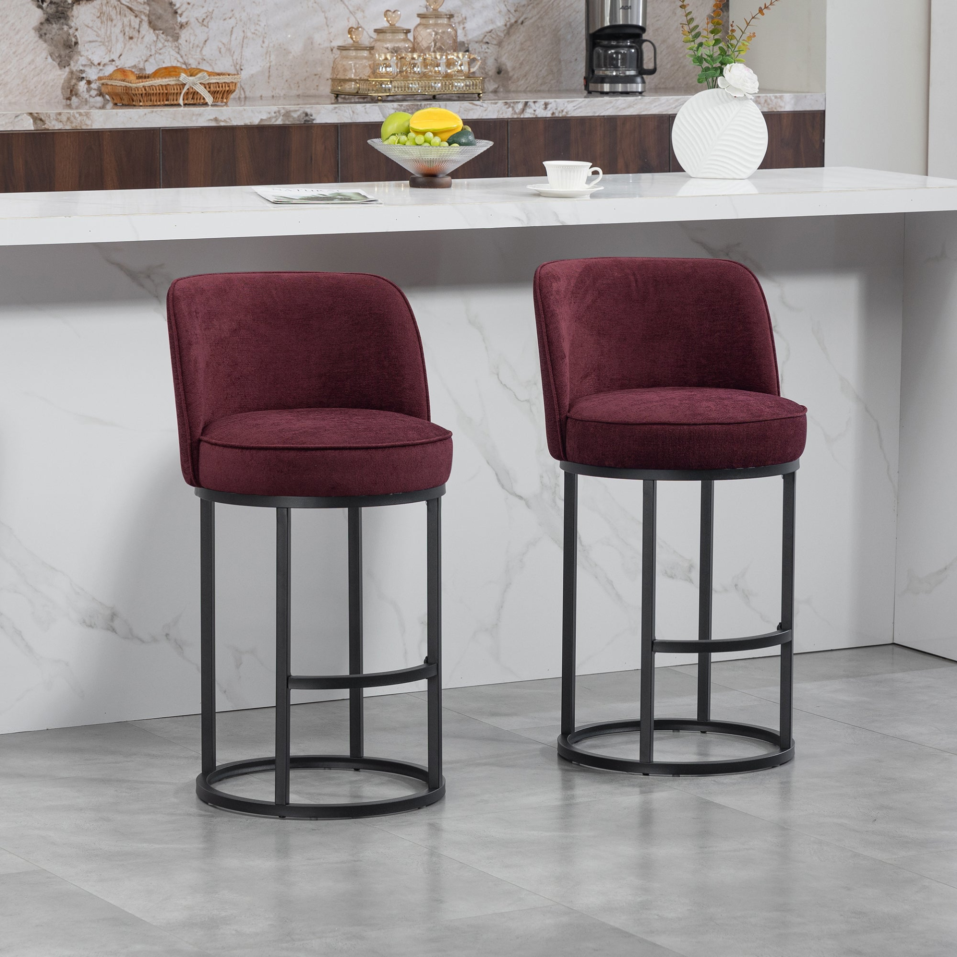 Modern barrel upholstered accent bar stools with backrests, stylish home seating furniture by Start2Finish.
