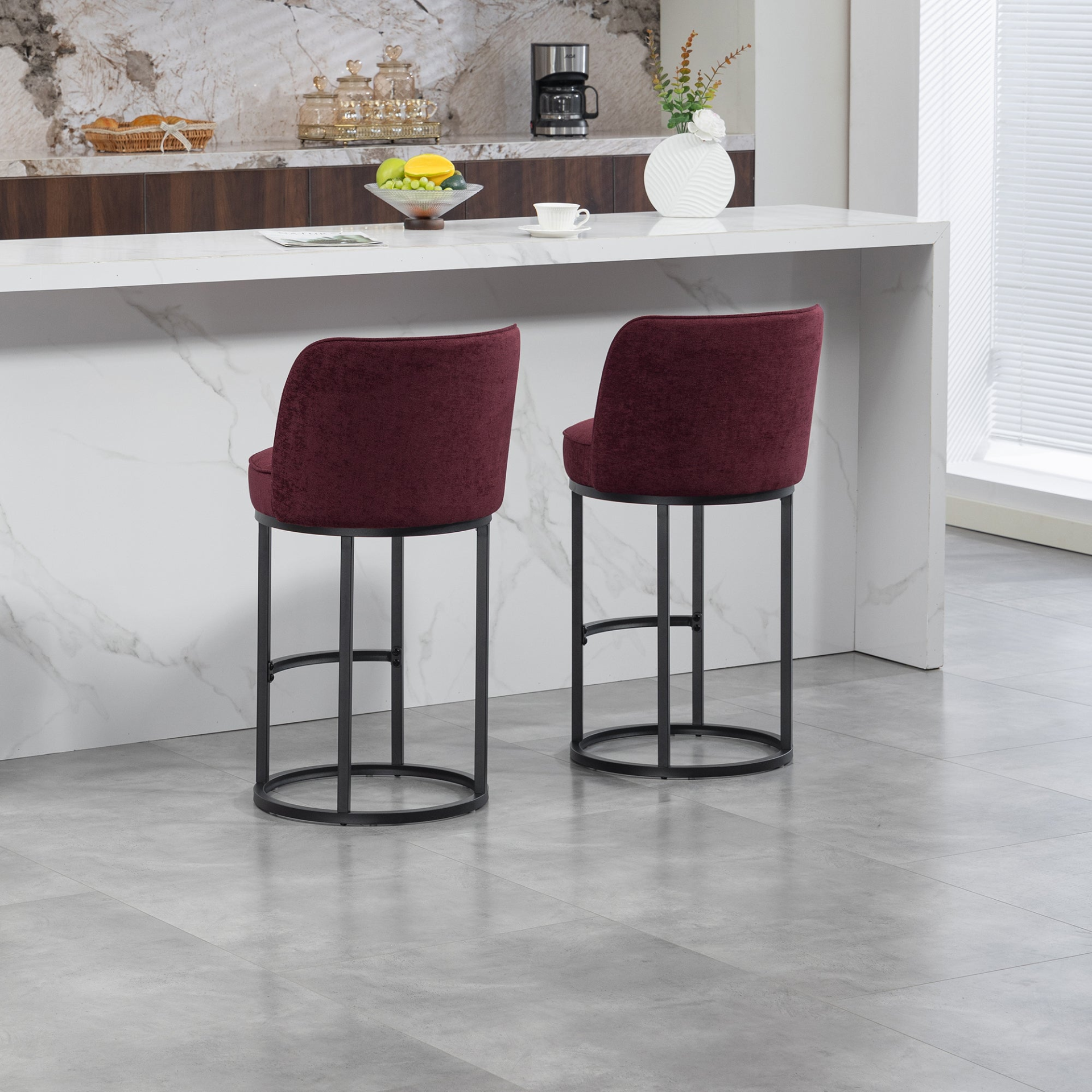 Modern barrel upholstered accent bar stools with backrests, stylish home furniture by Start2Finish, featuring plush cushioned seats.