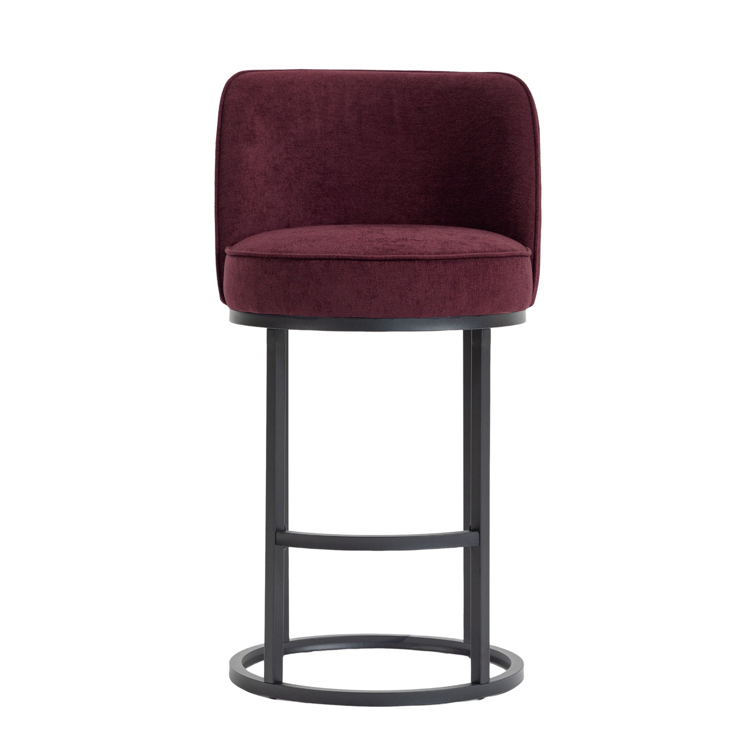 Modern Start2Finish upholstered barrel bar stool with backrest, featuring stylish fabric and wooden legs for home seating.