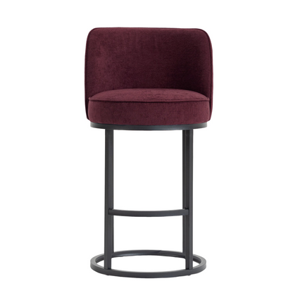 Modern Start2Finish upholstered barrel bar stool with backrest, featuring stylish fabric and wooden legs for home seating.