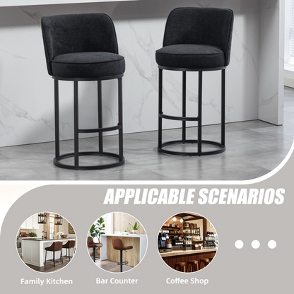 Modern barrel upholstered accent bar stools with backrests, stylish home seating by Start2Finish, featuring plush fabric and sleek design.