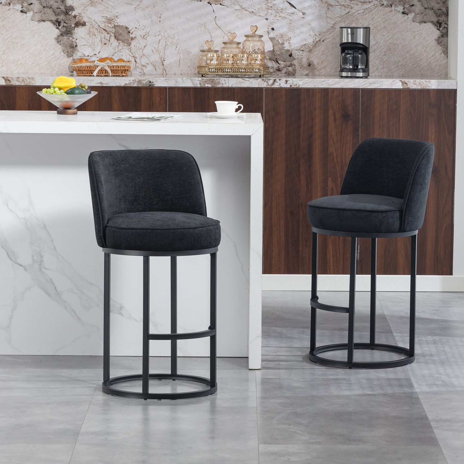 Modern barrel upholstered accent bar stools with backrests, stylish furniture by Start2Finish for comfortable home seating.