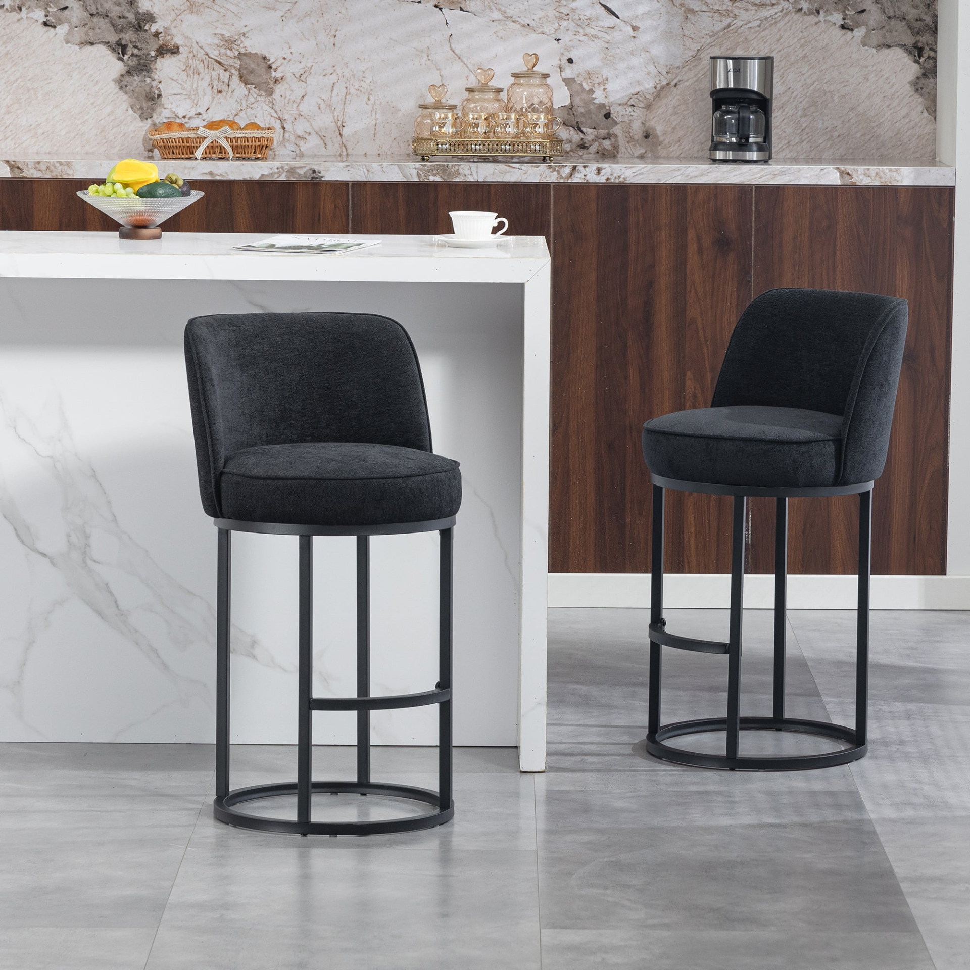 Modern barrel upholstered accent bar stools with backrests, stylish furniture by Start2Finish for comfortable home seating.