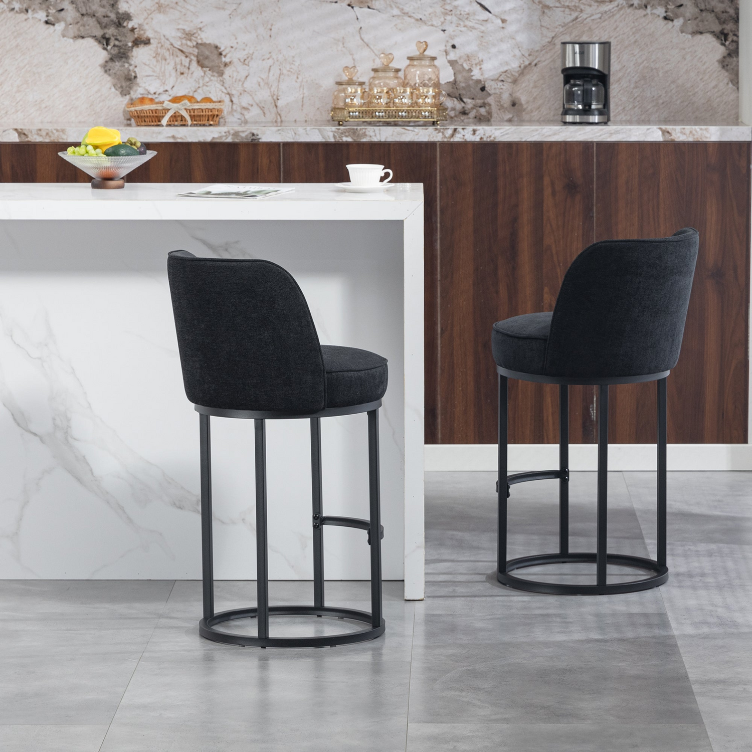 Pair of modern barrel upholstered accent bar stools with backrests, stylish home seating from Start2Finish.