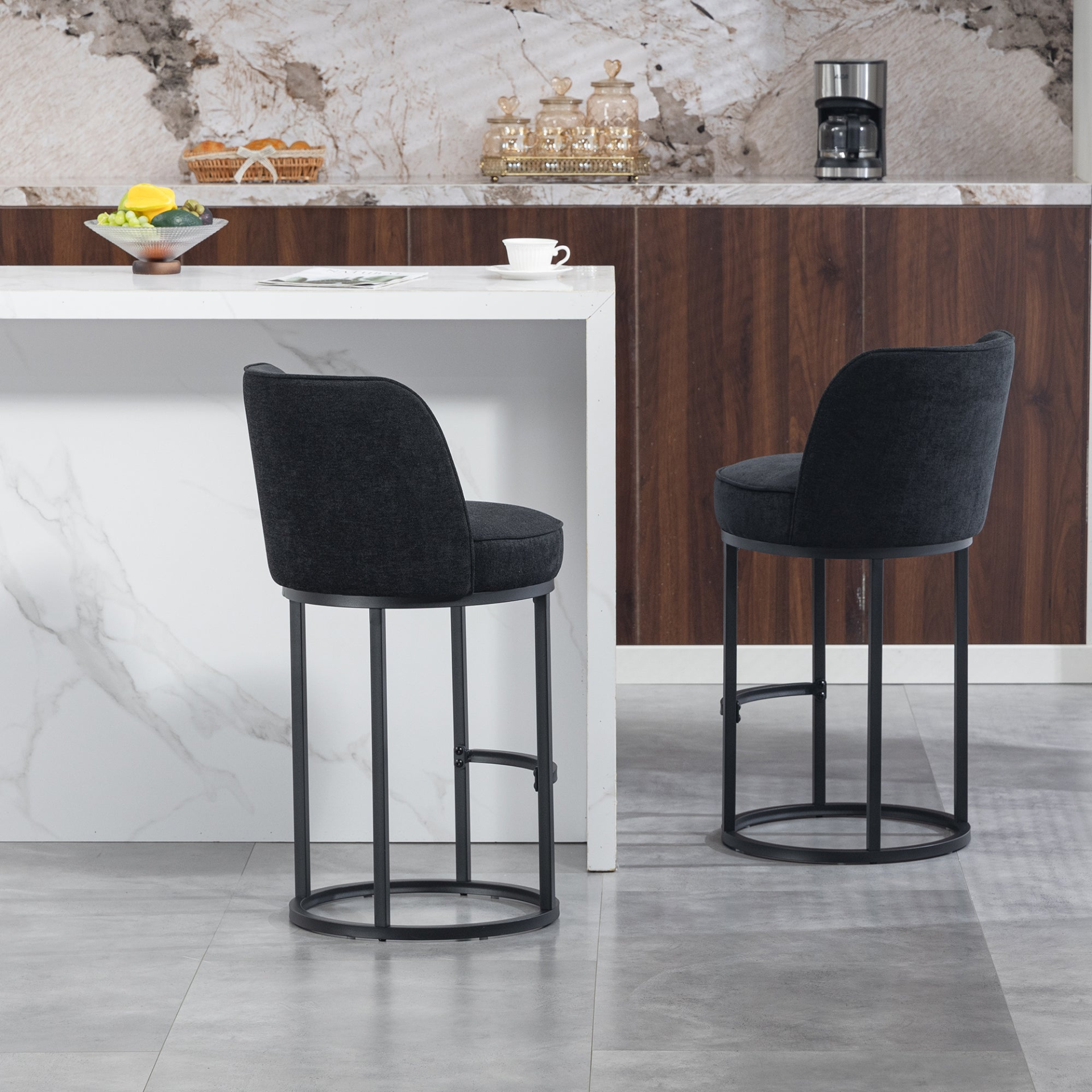 Pair of modern barrel upholstered accent bar stools with backrests, stylish home seating from Start2Finish.