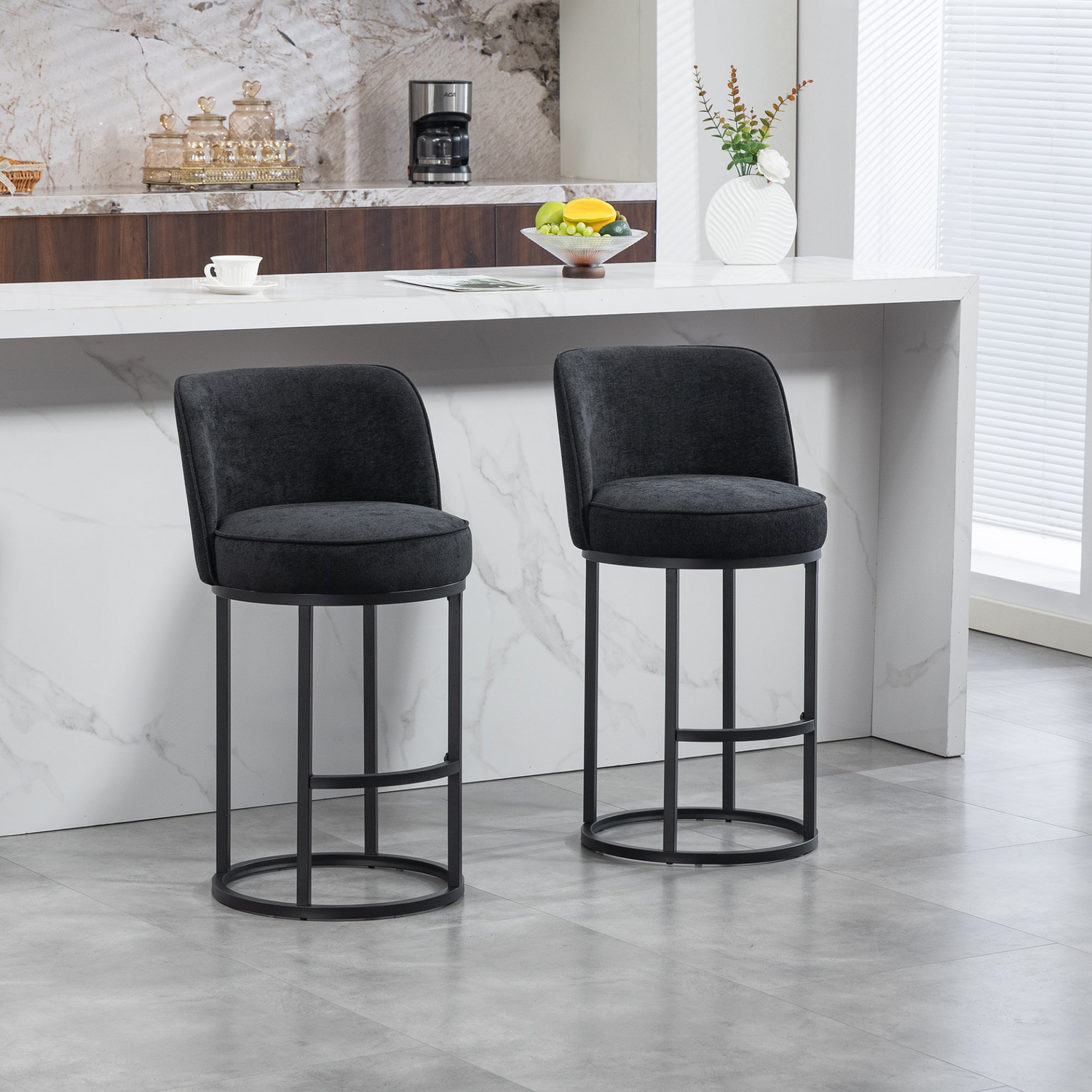 Start2Finish modern barrel upholstered accent bar stools with backrest, stylish home seating furniture, visible with plush fabric and wooden legs.