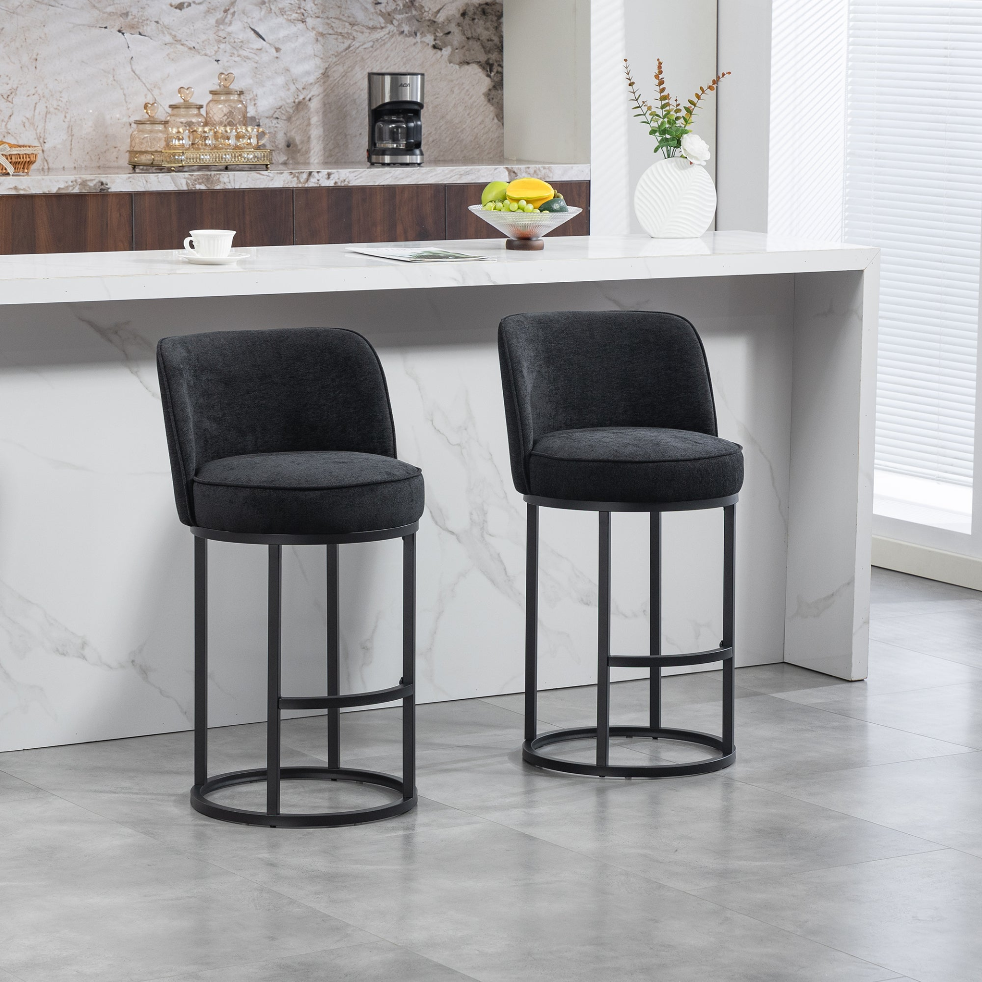 Start2Finish modern barrel upholstered accent bar stools with backrest, stylish home seating furniture, visible with plush fabric and wooden legs.