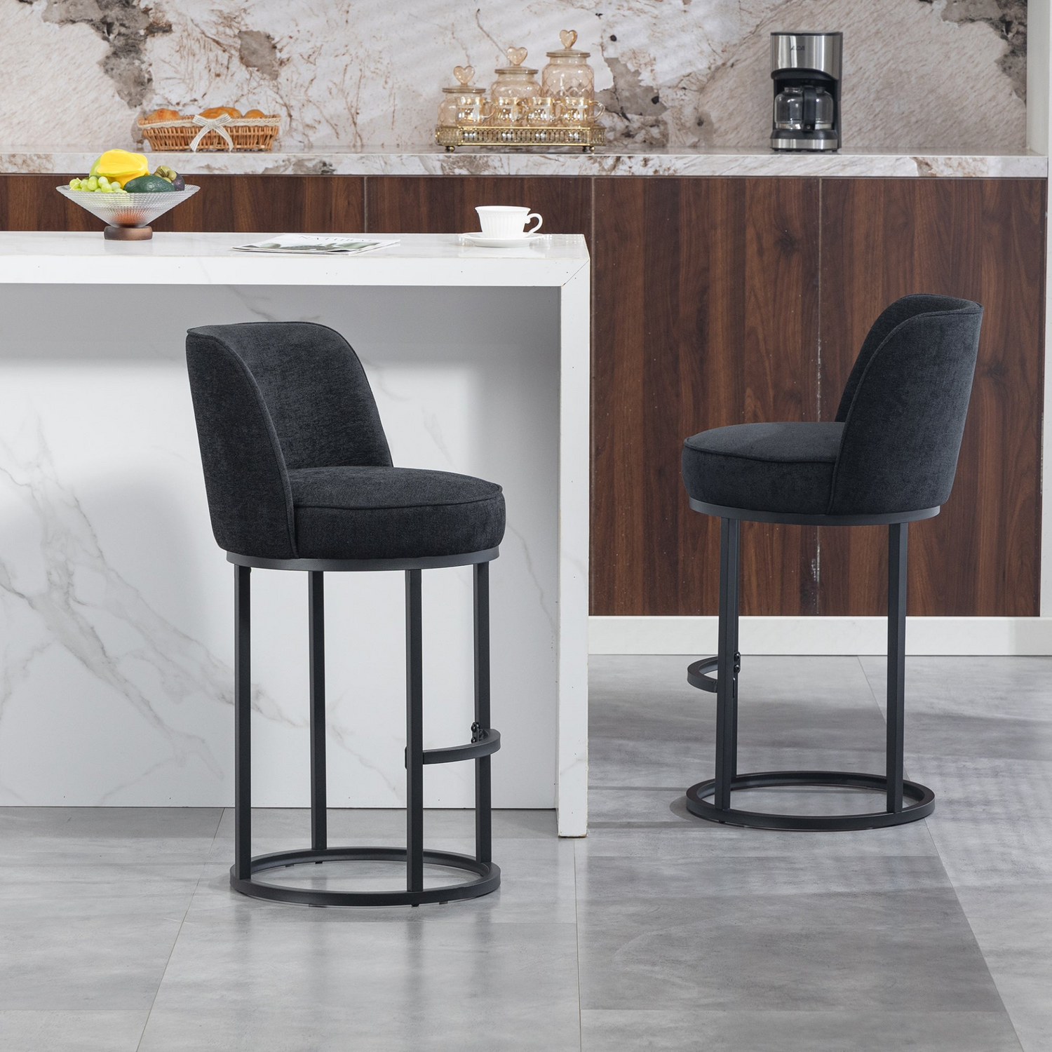 Modern Start2Finish upholstered barrel accent bar stools with backrests, stylish home seating, and plush fabric in a contemporary design.