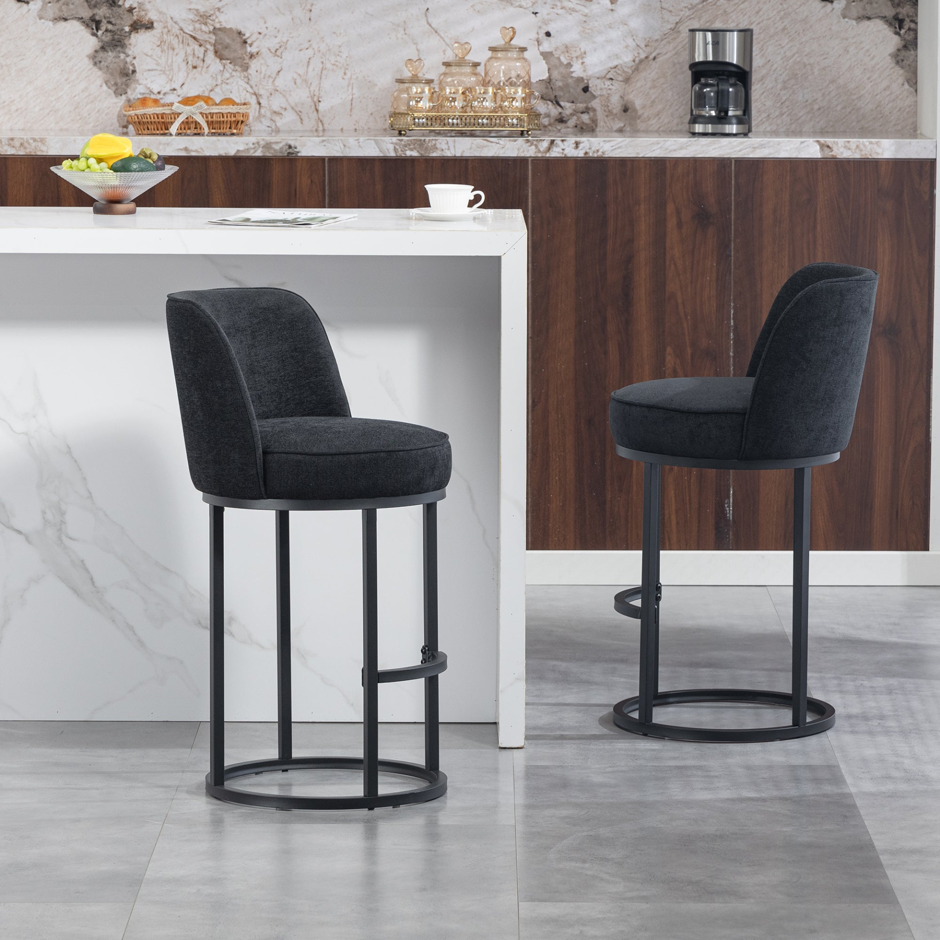 Modern Start2Finish upholstered barrel accent bar stools with backrests, stylish home seating, and plush fabric in a contemporary design.