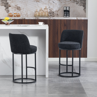 Modern Start2Finish upholstered barrel accent bar stools with backrests, featuring stylish home seating design and comfortable cushioning.