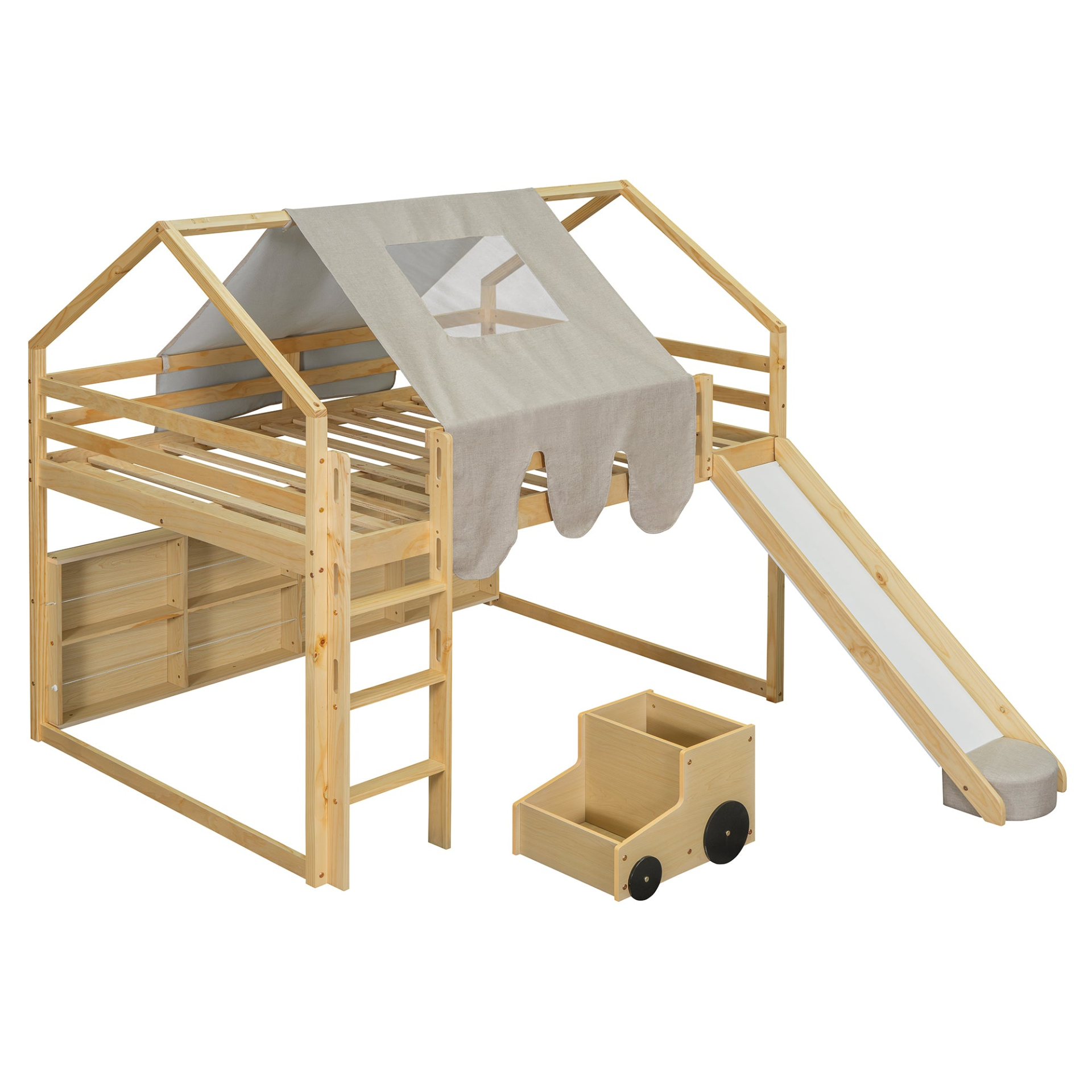 Wooden loft bed with house-shaped frame and play tent for kids&