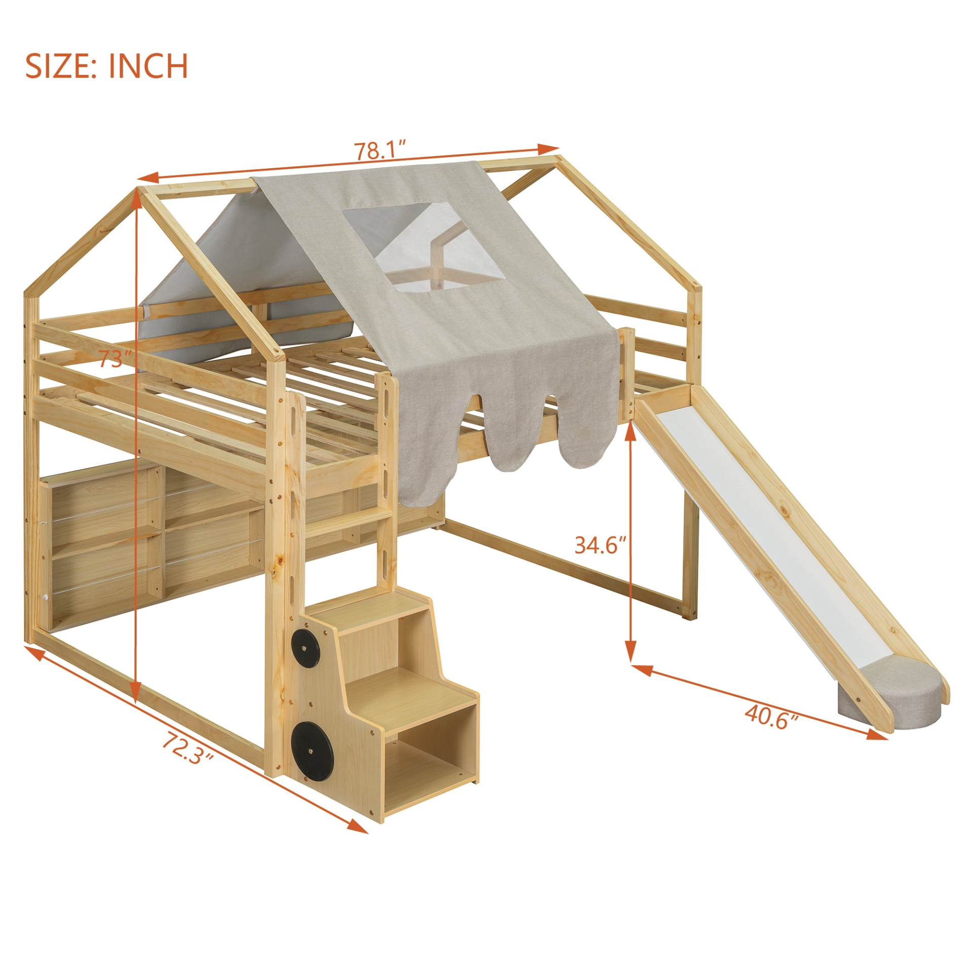 Wooden loft bed with house-shaped frame and play tent for kids&
