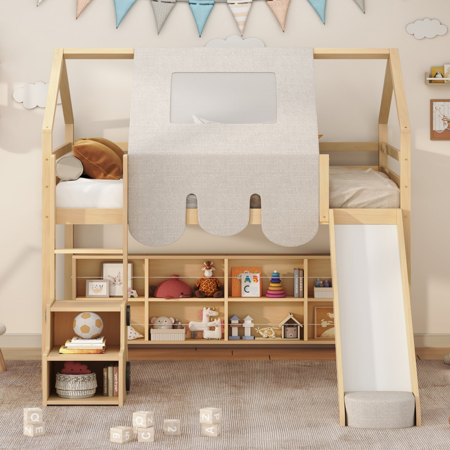 Start2Finish wooden loft bed with house-shaped frame and attached play tent for kids&