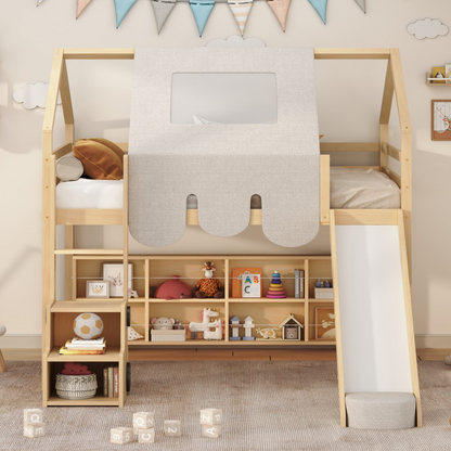 Start2Finish wooden loft bed with house-shaped frame and attached play tent for kids&
