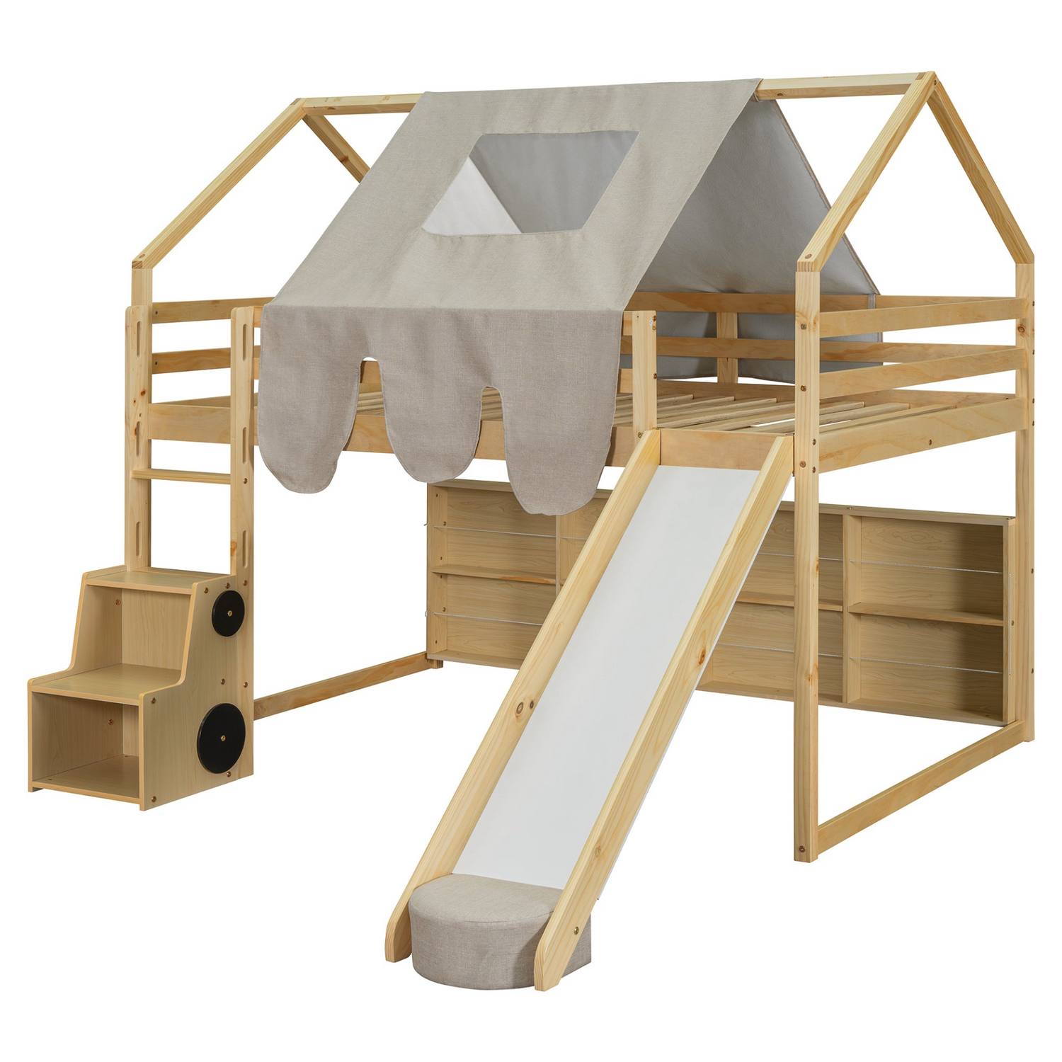 Start2Finish wooden loft bed with house-shaped frame and play tent for kids&