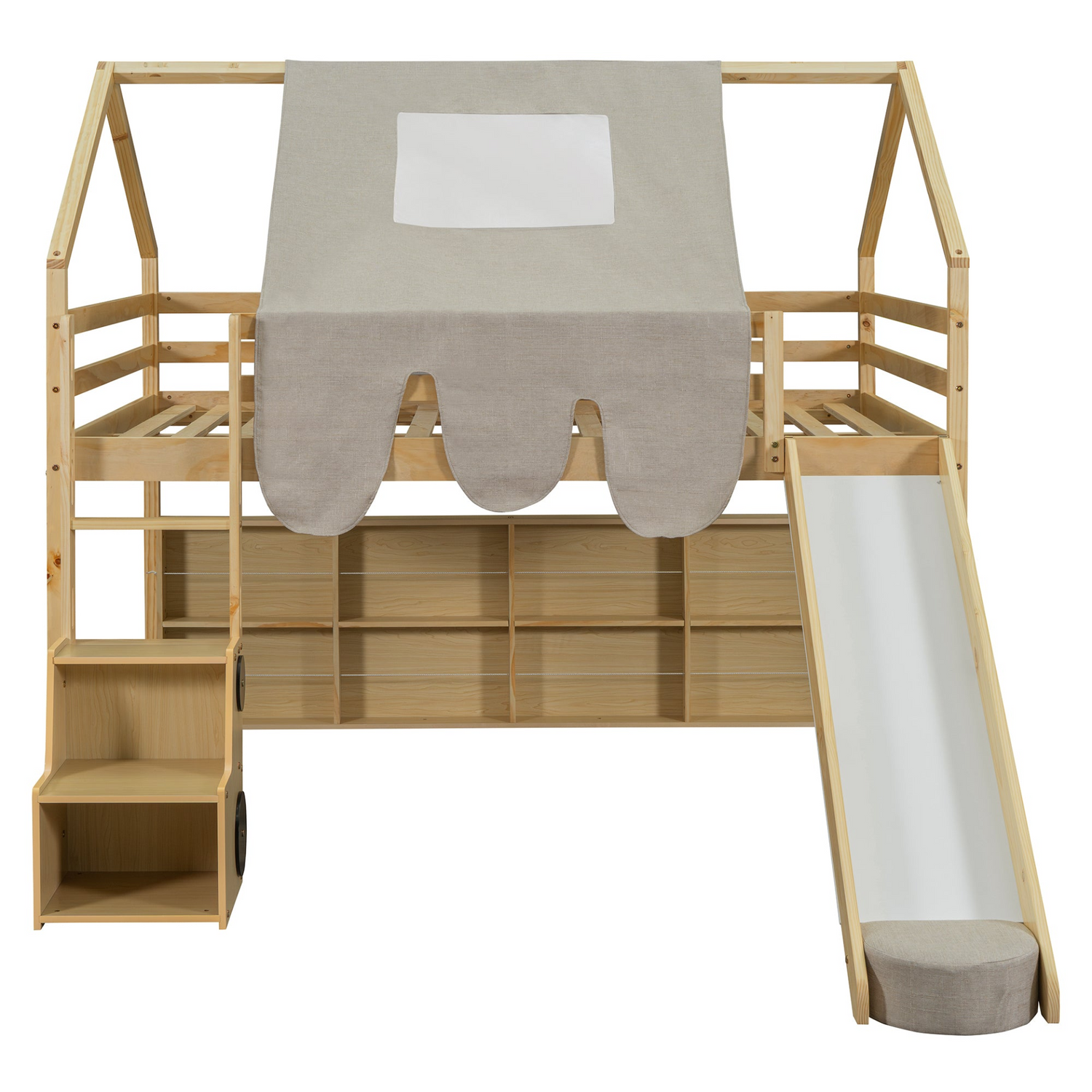 Wooden loft bed with house-shaped frame and play tent by Start2Finish, featuring a cozy play area for kids&