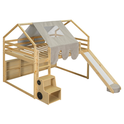 Start2Finish wooden loft bed with house-shaped frame and colorful play tent, perfect for kids&