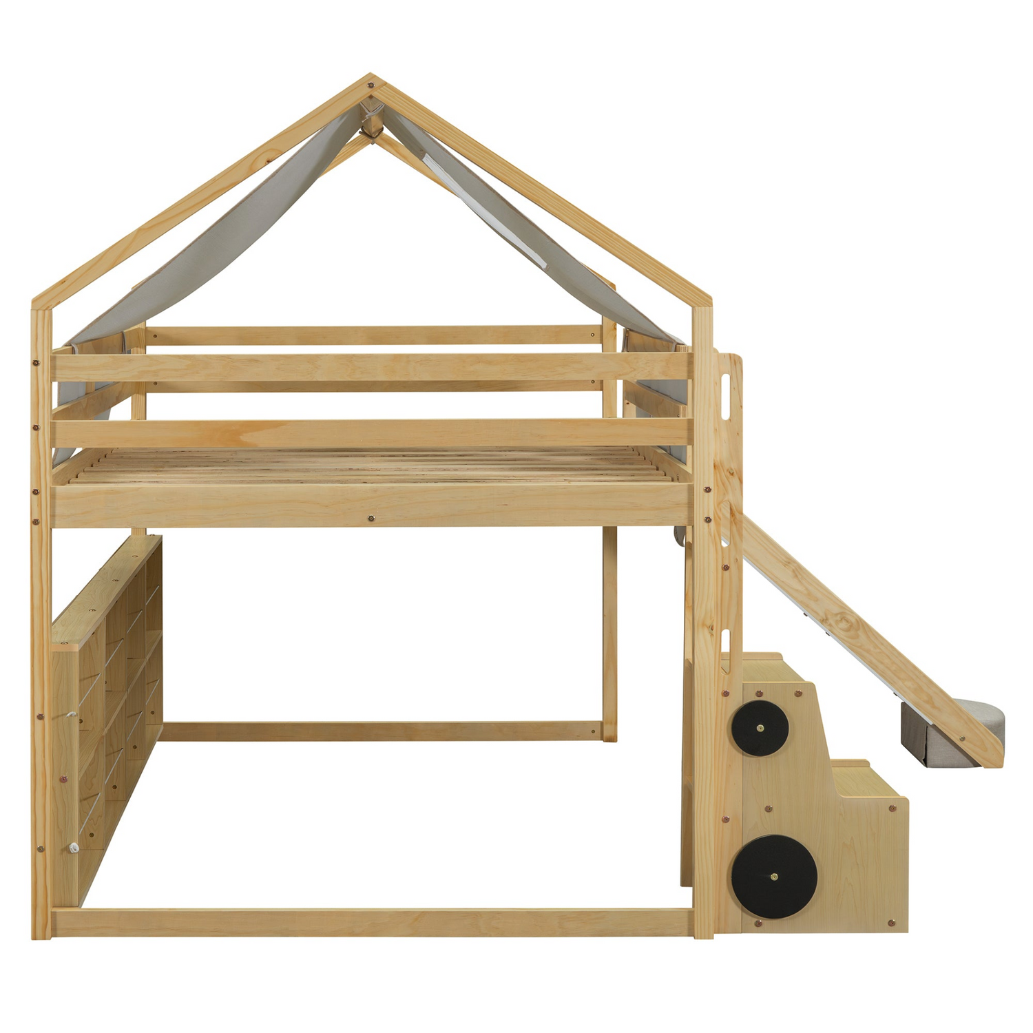Wooden loft bed with house-shaped frame and play tent, ideal for kids&