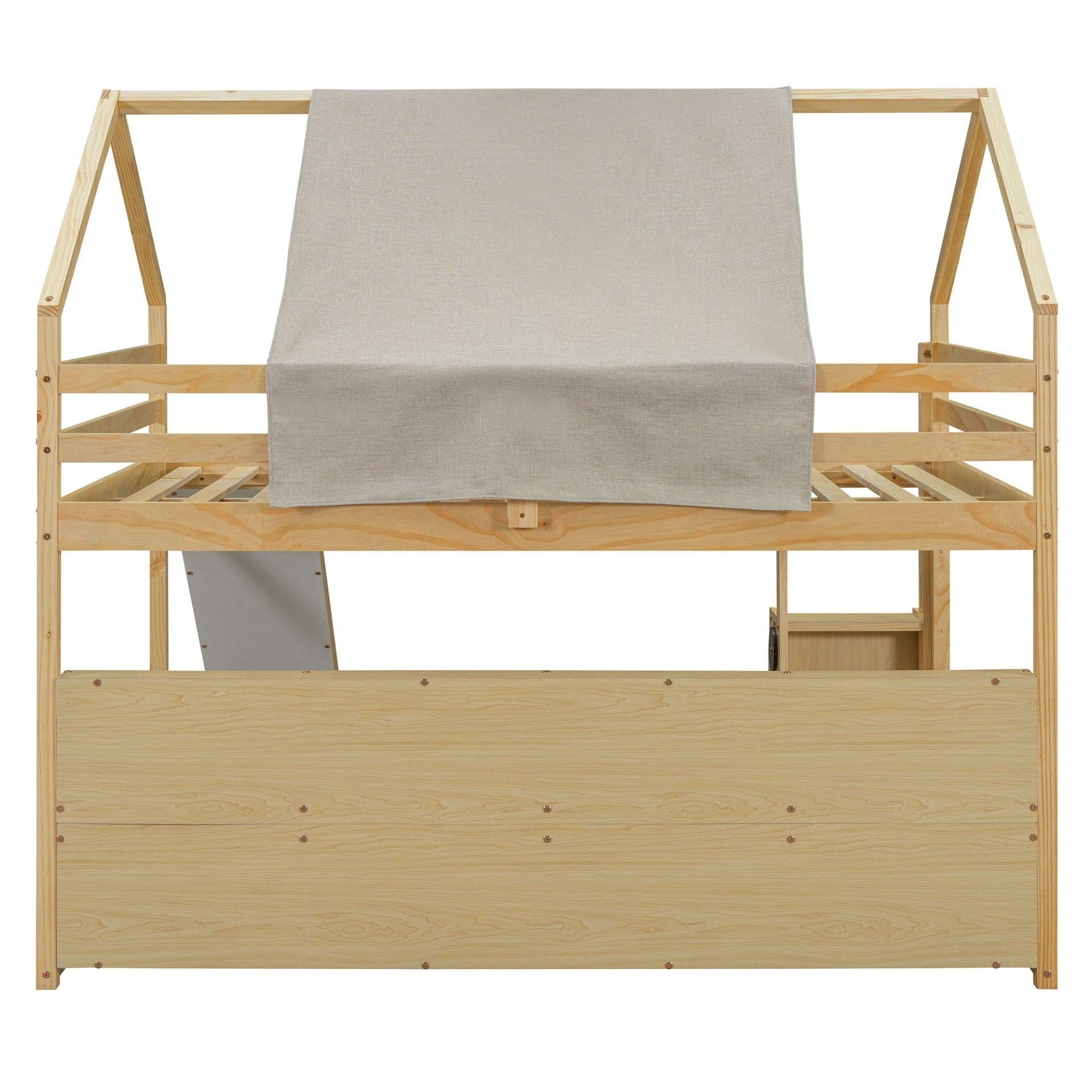 Wooden loft bed with house-shaped frame and play tent for kids&