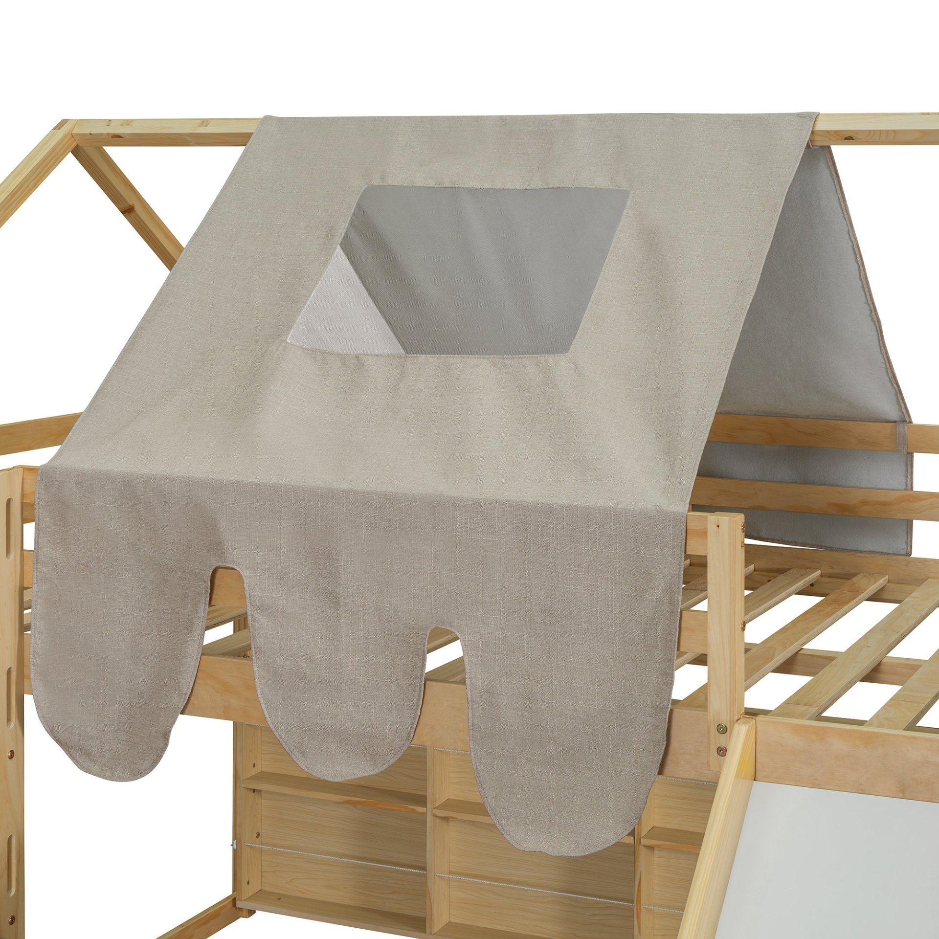 Start2Finish wooden loft bed with house-shaped frame and colorful play tent, ideal for kids&