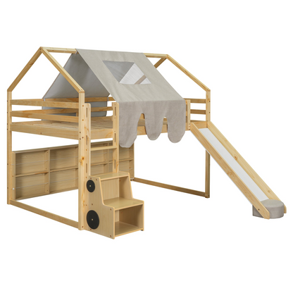 Wooden loft bed with house-shaped frame and play tent for kids&