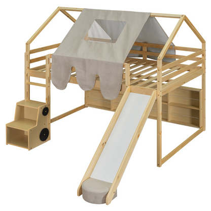 Wooden loft bed by Start2Finish with house-shaped frame and play tent, ideal for kids&