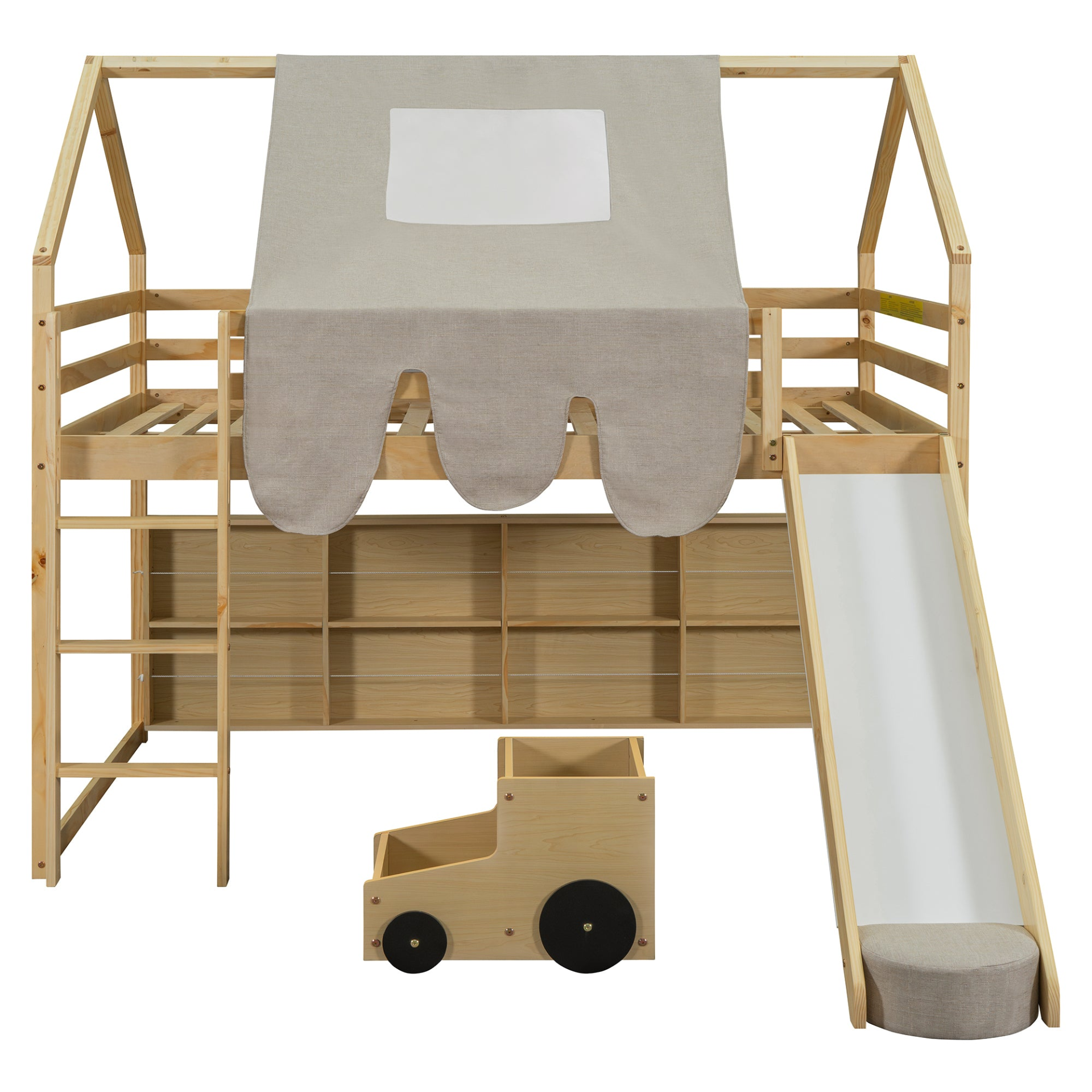 Wooden loft bed with house-shaped frame and play tent, ideal for kids&