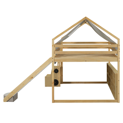 Wooden loft bed with house-shaped frame and play tent, ideal for kids&