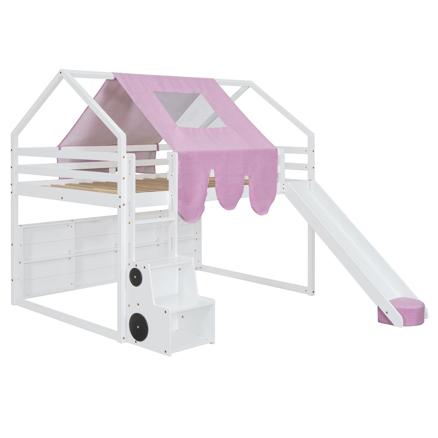 Wooden loft bed by Start2Finish with house-shaped frame and attached play tent, ideal for kids&