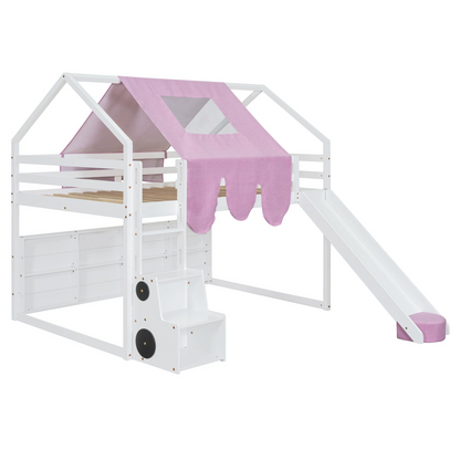 Wooden loft bed by Start2Finish with house-shaped frame and attached play tent, ideal for kids&