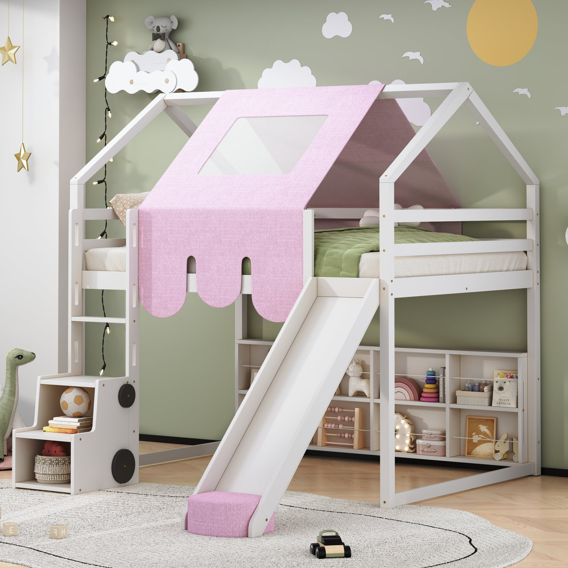 Wooden loft bed with house-shaped frame and play tent for kids&