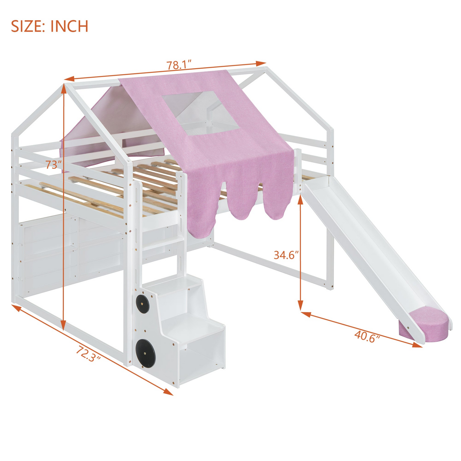 Wooden loft bed with house-shaped frame and play tent for kids&