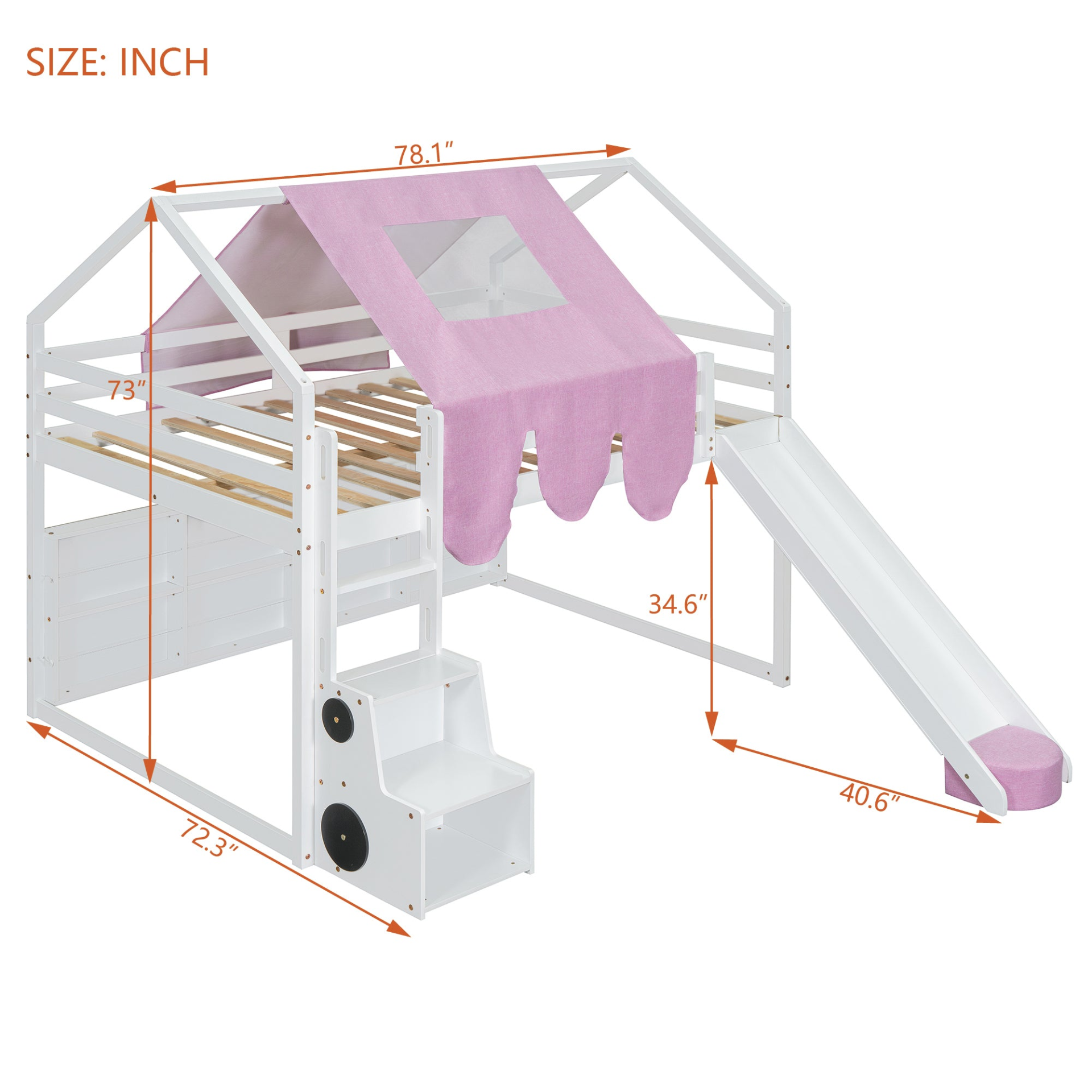 Wooden loft bed with house-shaped frame and play tent for kids&