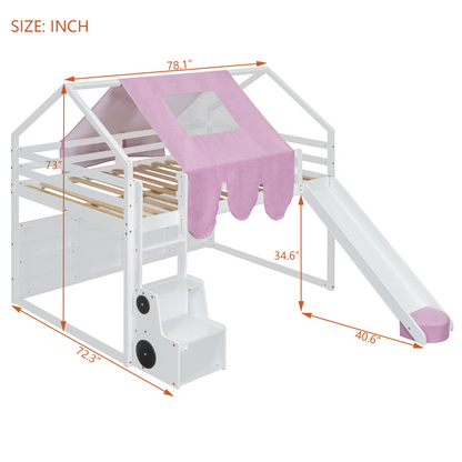 Wooden loft bed with house-shaped frame and play tent for kids&
