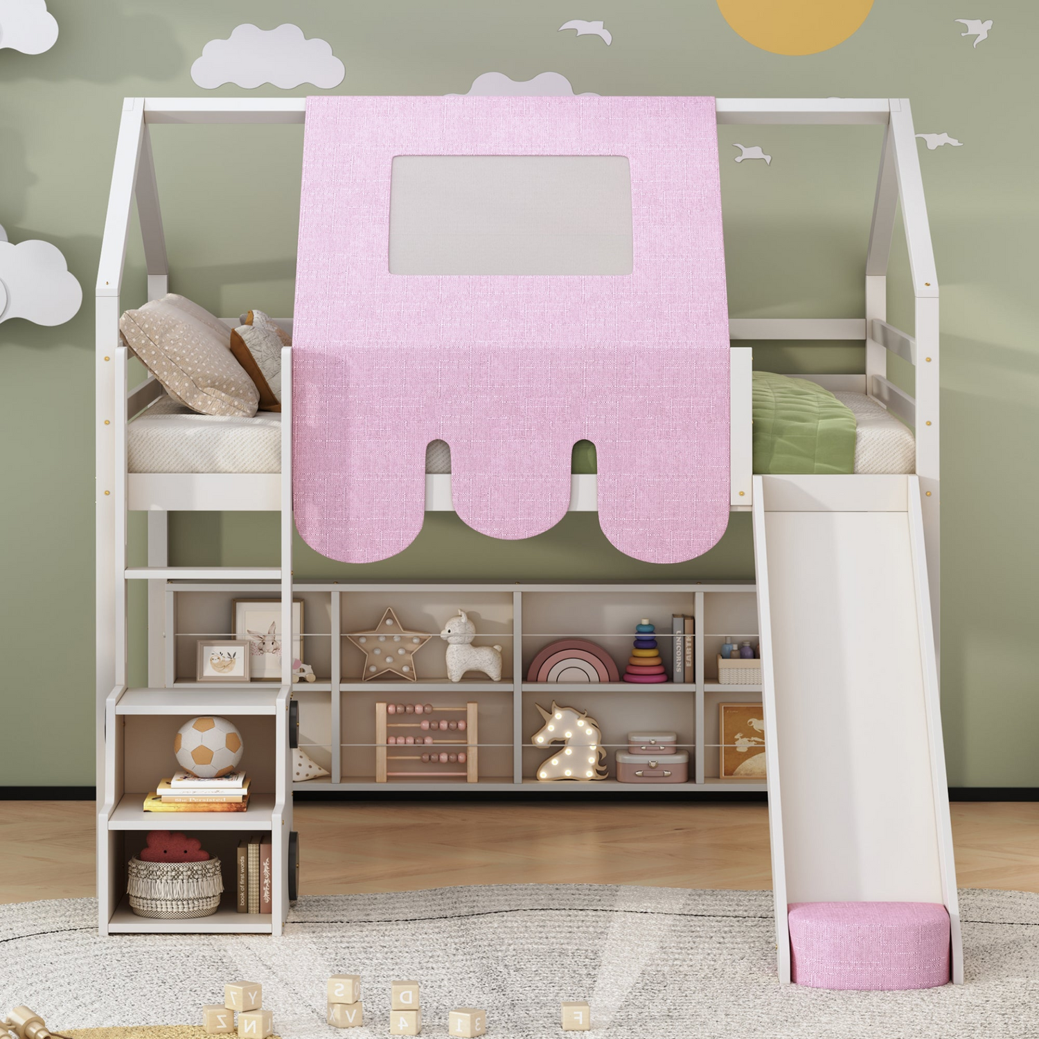 Wooden loft bed with house-shaped frame and play tent for kids&