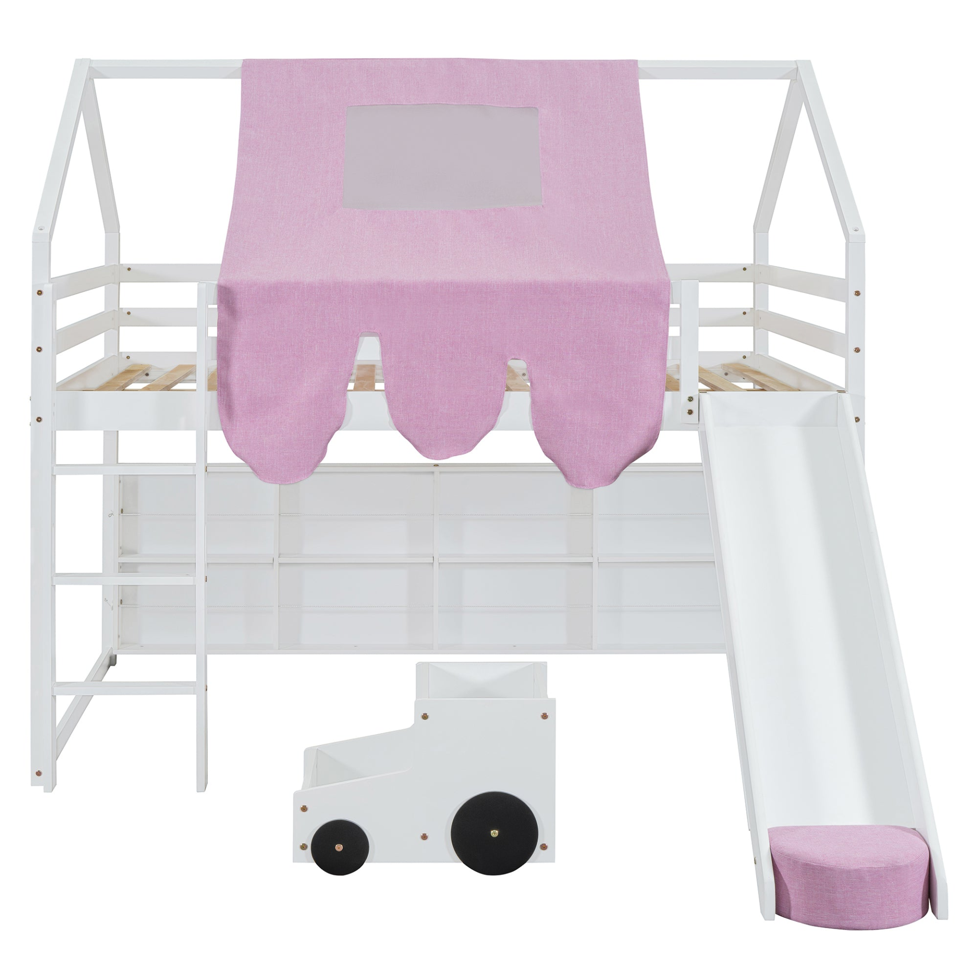 Wooden loft bed with house-shaped frame and play tent by Start2Finish, featuring a cozy kids&