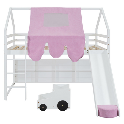 Wooden loft bed with house-shaped frame and play tent by Start2Finish, featuring a cozy kids&