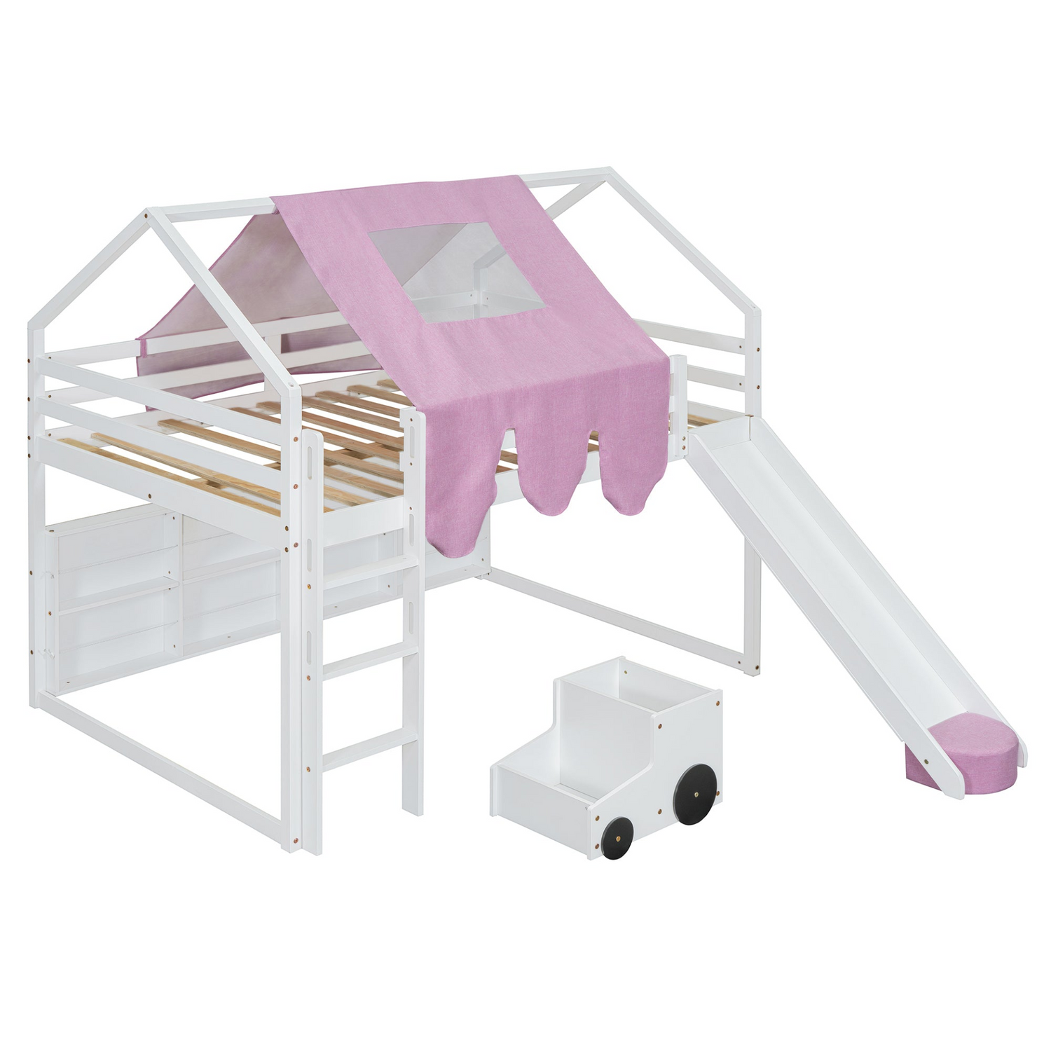 Wooden loft bed with house-shaped frame and play tent for kids&