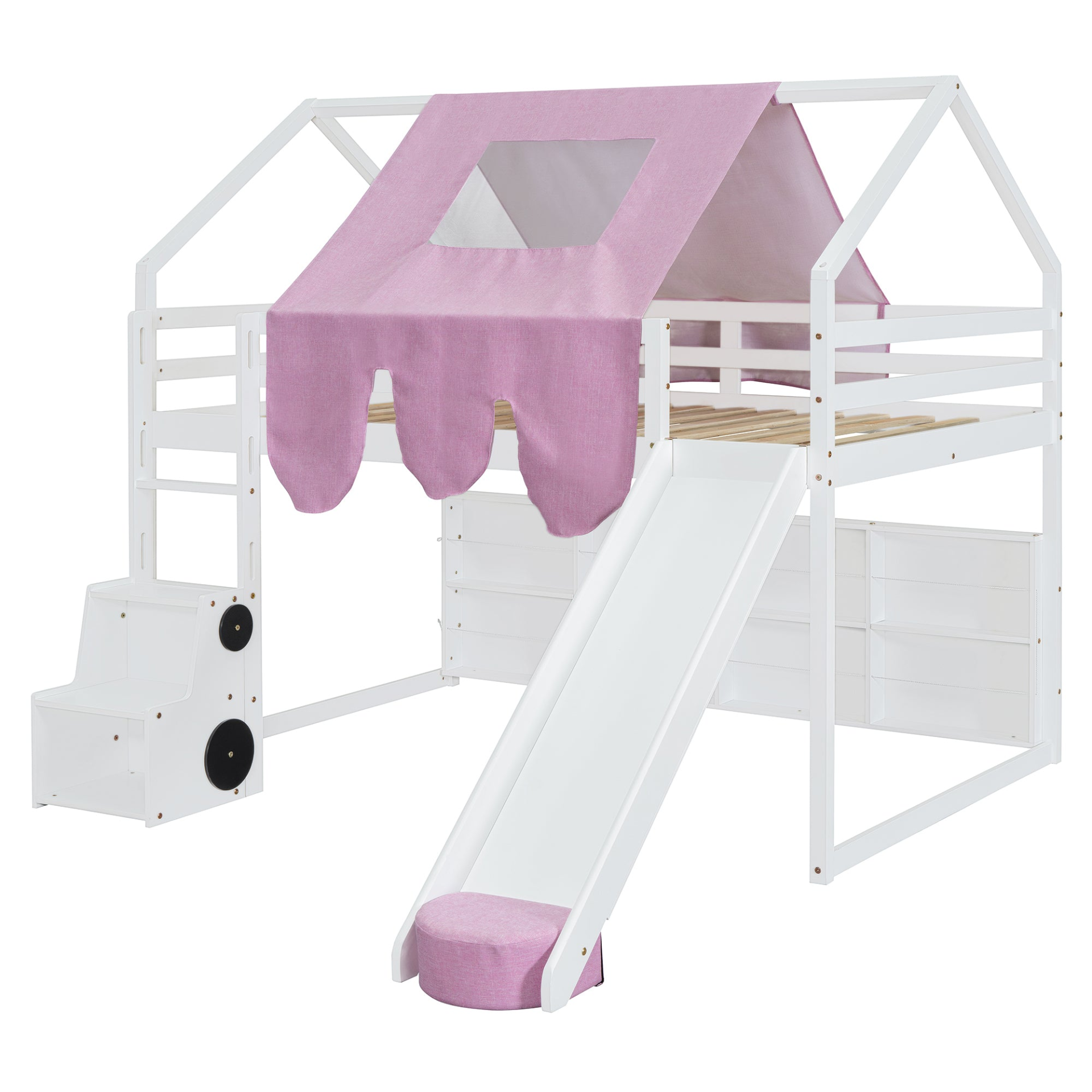 Wooden loft bed with house-shaped frame and play tent for kids&